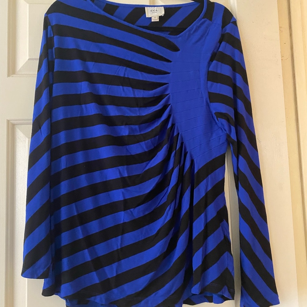 ECi New York Women’s Blue and black Asymmetrical Pleated Striped Top Size XL